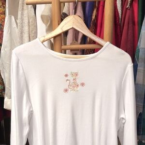 Embroidered Vintage Christopher & Banks White Long Sleeve Top w/ Floral Cat